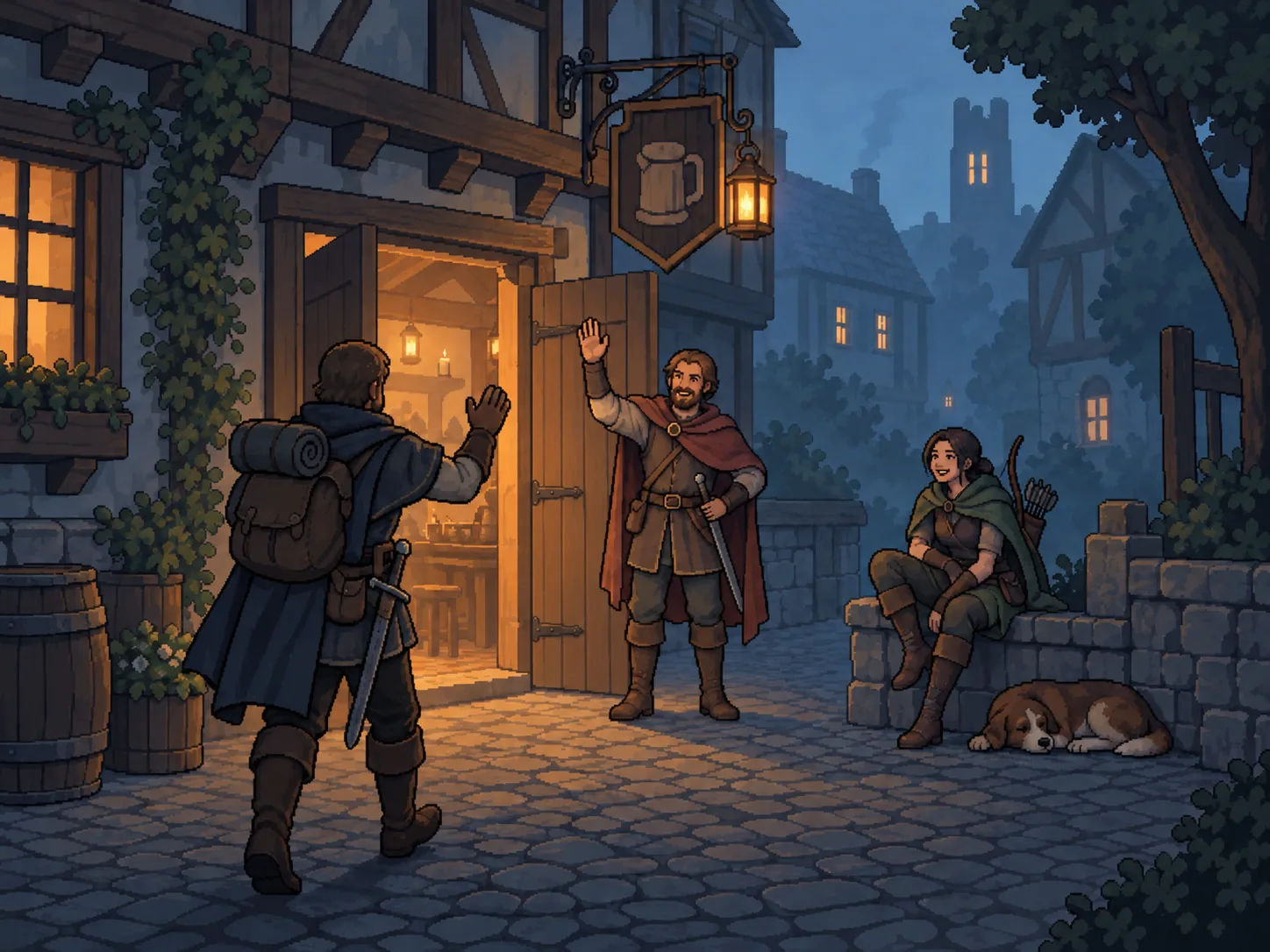 Three adventurers meeting outside a warmly lit inn.